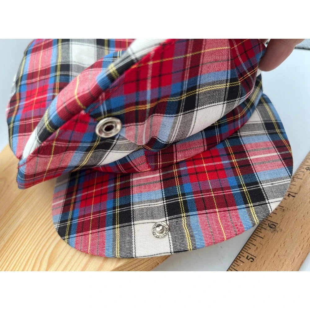 Vintage Plaid Flat Cap Red Blue White Tartan Driver Hat USA XL 7 1/2-7 5/8